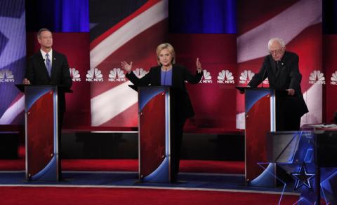 Democratic U.S. presidential candidate and former Secretary of State Hillary Clinton speaks as she discusses issues with former Governor Martin O'Malley (L) and Senator Bernie Sanders at the NBC News - YouTube Democratic presidential candidates debate in Charleston, South Carolina, January 17, 2016. PHOTO BY REUTERS/Randall Hill