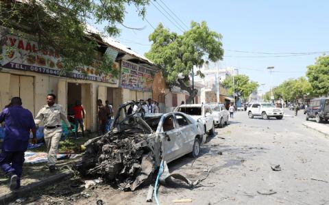 A general view shows wreckages of cars destroyed during an explosion near a hotel in Mogadishu, Somalia, March 28, 2019. PHOTO BY REUTERS/Feisal Omar