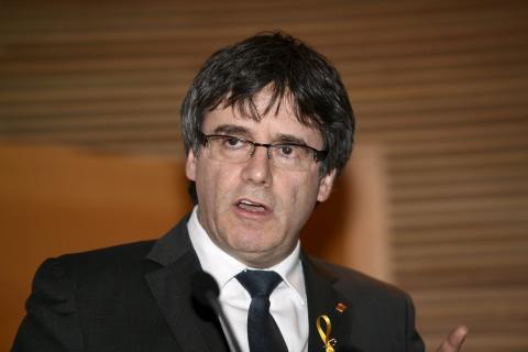 Former Catalan leader Carles Puigdemont speaks during his briefing on the situation in Catalonia at Finnish Parliament in Helsinki, Finland, March 22, 2018. PHOTO BY REUTERS/Lehtikuva/Martti Kainulainen