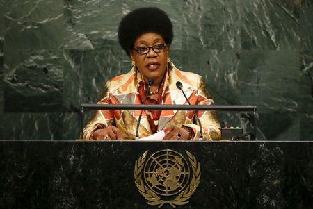 Catherine Samba-Panza, interim President of the Central African Republic, addresses a plenary meeting of the United Nations Sustainable Development Summit 2015 at the United Nations headquarters in Manhattan, New York, September 26, 2015. PHOTO BY REUTERS/Darren Ornitz