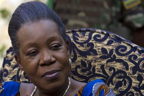 Central African Republic's interim president Catherine Samba-Panza speaks to the media at her residence in Bangui