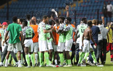 Nigeria celebrate winning the match. PHOTO BY REUTERS/Suhaib Salem