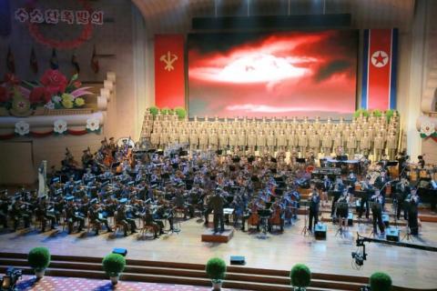 People perform for North Korean leader Kim Jong Un during a celebration for nuclear scientists and engineers who contributed to a hydrogen bomb test, in this undated photo released by North Korea's Korean Central News Agency (KCNA) in Pyongyang on September 10, 2017. PHOTO BY REUTERS/KCNA