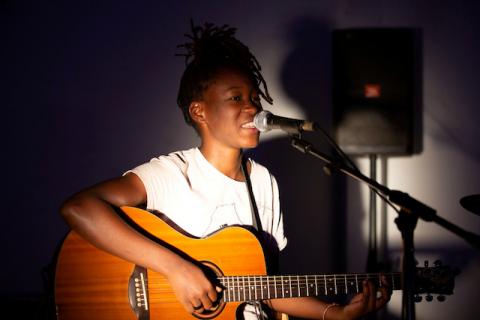 Congolese singer Celine Banza strums a guitar at a band practice studio in the French Institute in central Kinshasa, Democratic Republic of Congo, November 25, 2019. PHOTO BY REUTERS/Hereward Holland