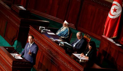 Tunisia's Prime Minister Youssef Chahed speaks at the Assembly of People's Representatives in Tunis, Tunisia July 28, 2018. PHOTO BY REUTERS/Zoubeir Souissi