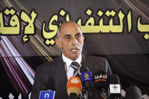 Abd-Rabbo al-Barassi, Chairman of the Executive Bureau of the Cyrenaica province, speaks during a news conference to announce the formation of a government for Cyrenaica, in Ajdabiya