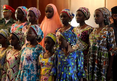 Some of the 21 Chibok schoolgirls released by Boko Haram look on during their visit to meet President Muhammadu Buhari In Abuja, Nigeria, October 19, 2016. PHOTO BY REUTERS/Afolabi Sotunde