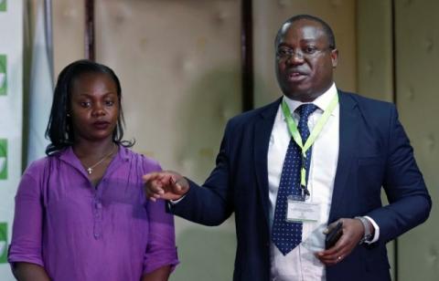 Kenyan Independent Electoral and Boundaries Commission (IEBC), Information and Communication Technology (ICT) Director, Chris Musando and Pamela Awiti of Safran Morpho, address a news conference at the commission's headquarters in Nairobi, Kenya, July 6, 2017. PHOTO BY REUTERS/Thomas Mukoya