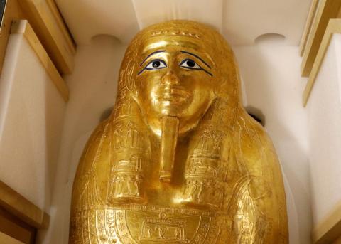 The Gold Coffin of Nedjemankh is displayed during a news conference to announce its return the the people of Egypt in New York City, U.S., September 25, 2019. PHOTO BY REUTERS/Brendan McDermid