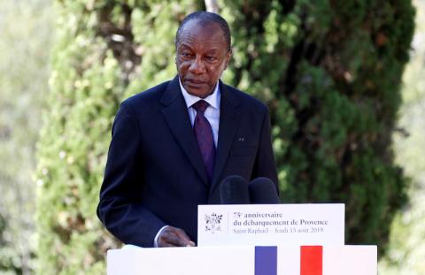 Guinean President Alpha Conde delivers a speech during a ceremony marking the 75th anniversary of the Allied landings in Provence in World War Two which helped liberate southern France, in Boulouris, France, August 15, 2019. PHOTO BY REUTERS/Eric Gaillard