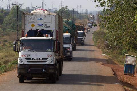 A convoy of trucks carrying food from the United Nations World Food Programme (WFP) that was stuck at the Cameroon-Central African Republic border for several days due to sectarian insecurity on the road