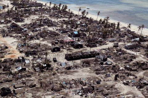 Buildings damaged during Cyclone Kenneth are seen from the air in a village north of Pemba, Mozambique, May 1, 2019. PHOTO BY REUTERS/Mike Hutchings