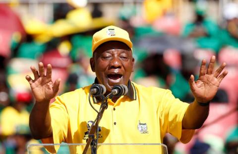 President of South Africa's governing African National Congress Cyril Ramaphosa waves to his supporters, as he arrives for the party's final rally at Ellis Park Stadium in Johannesburg, South Africa, May 5, 2019. PHOTO BY REUTERS/Siphiwe Sibeko