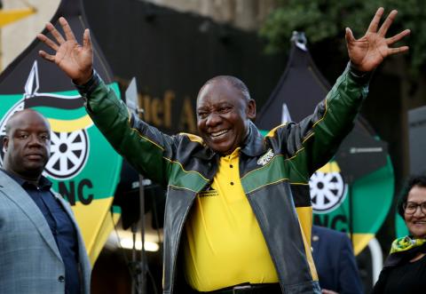 President Cyril Ramaphosa waves to supporters of his ruling African National Congress (ANC) at an election victory rally in Johannesburg, South Africa, May 12, 2019. PHOTO BY REUTERS/Mike Hutchings