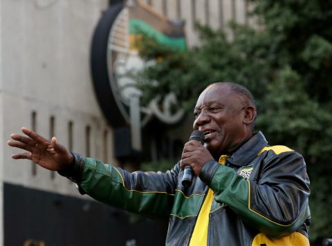 South African President Cyril Ramaphosa addresses supporters of his ruling African National Congress (ANC) at an election victory rally in Johannesburg, South Africa, May 12, 2019. PHOTO BY REUTERS/Mike Hutchings