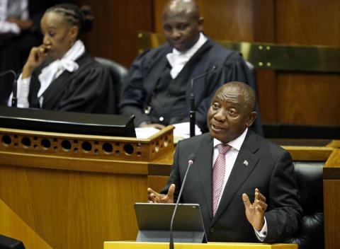 South African President Cyril Ramaphosa gestures as he speaks to lawmakers after parliament formally elected Ramaphosa as State President in Cape Town, South Africa, May 22, 2019. PHOTO BY REUTERS/Sumaya Hisham