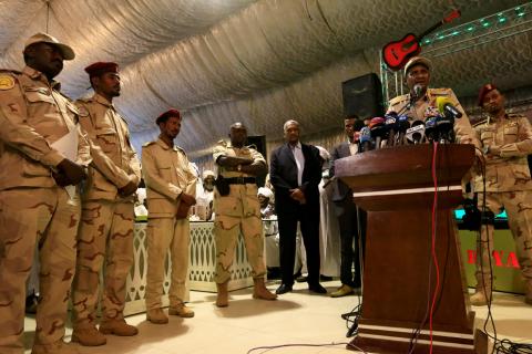 General Mohamed Hamdan Dagalo, head of the Rapid Support Forces (RSF) and deputy head of the Transitional Military Council (TMC) delivers an address after the Ramadan prayers and Iftar organized by Sultan of Darfur Ahmed Hussain in Khartoum, Sudan, May 18, 2019. PHOTO BY REUTERS/Mohamed Nureldin Abdallah