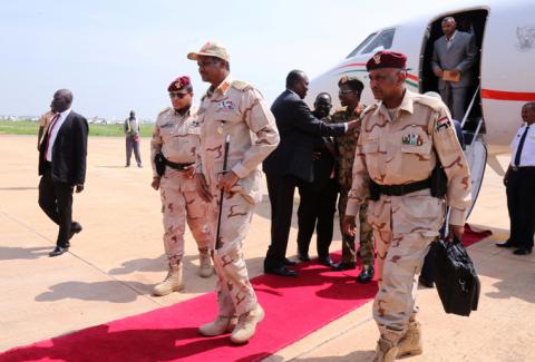 Deputy Head of Sudanese Transitional Military Council, Mohamed Hamdan Dagalo arrives at the airport in Juba, South Sudan, July 27, 2019. PHOTO BY REUTERS/Jok Solomun