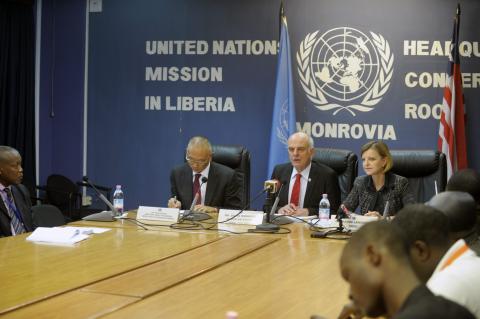 Senior United Nations (U.N.) System Coordinator for Ebola, David Nabarro talks during a news conference at the U.N. headquarters in Monrovia