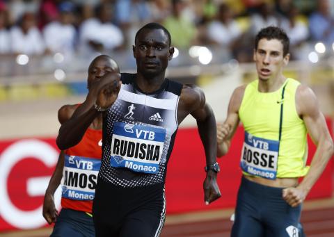 David Rudisha (C) of Kenya competes in the men's 800m event at the Diamond League Herculis athletics meeting at Louis II stadium in Monaco