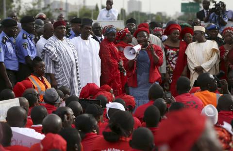 Former World Bank Vice President Obiageli Ezekwesili addresses a "Bring Back Our Girls" rally in Abuja as demonstrators prepare to march to the presidential villa to deliver a protest letter to Nigeria's President Goodluck Jonathan