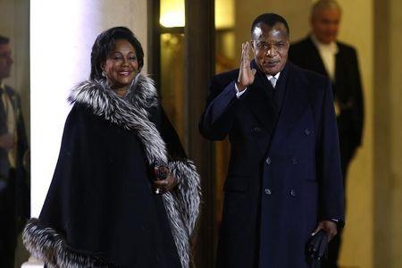 Congo President Denis Sassou-N'Guesso and first lady Antoinette Sassou N'Guesso arrive for a dinner with the French President and other dignitaries as part of the Summit for Peace and Security in Africa at the Elysee Palace in Paris, December 6, 2013. PHOTO BY REUTERS/Benoit Tessier