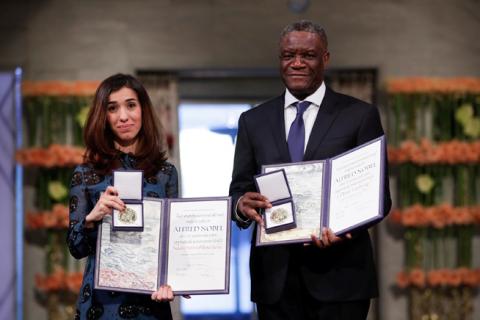 The Peace Prize laureates Iraqi Nadia Murad and Congolese doctor Denis Mukwege receive the Nobel Peace Prize for their efforts to end the use of sexual violence as a weapon of war and armed conflict at the Nobel Peace Prize Ceremony in Oslo Town Hall in Oslo, Norway, December 10, 2018. PHOTO BY REUTERS/NTB Scanpix/Haakon Mosvold Larsen