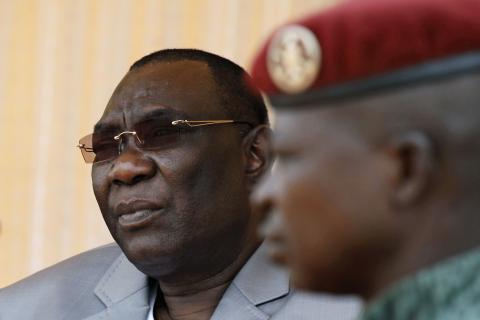 Central African Republic's President Michel Djotodia attends a ceremony marking the beginning of construction on a bridge destroyed during floods in Bangui