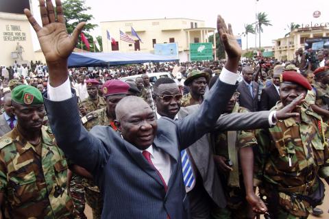 Central African Republic's leader Michel Djotodia greets his supporters at a rally in favor of the Seleka rebel alliance in downtown Bangui