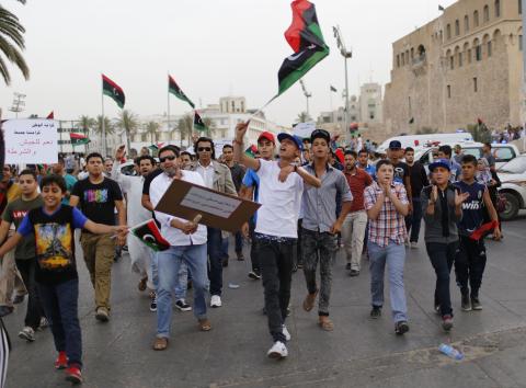 People demonstrate in support of Khalifa Haftar's "Operation Dignity", a campaign against Islamists, at Martyrs' Square in Tripoli