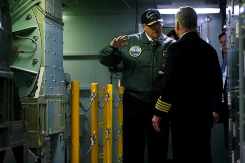 President Trump tours the pre-commissioned U.S. Navy aircraft carrier Gerald R. Ford at Huntington Ingalls Newport News Shipbuilding facilities in Newport News, Virginia. PHOTO BY REUTERS/Jonathan Ernst