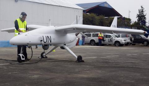 A technician checks a surveillance Unmanned Aerial Vehicles (UAV) drone operated by the United Nations in the Democratic Republic of Congo's eastern city of Goma