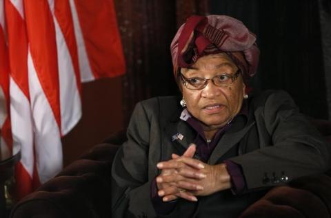 Liberian President Ellen Johnson-Sirleaf speaks during an interview with Reuters in Brussels