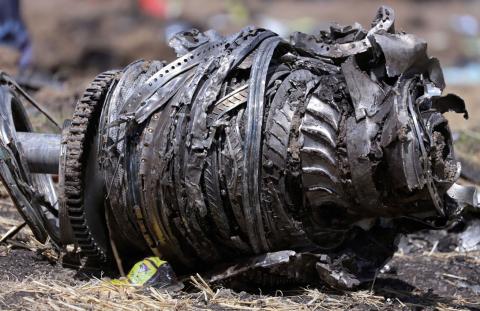 Airplane engine parts are seen at the scene of the Ethiopian Airlines Flight ET 302 plane crash, near the town of Bishoftu, southeast of Addis Ababa, Ethiopia, March 11, 2019. PHOTO BY REUTERS/Tiksa Negeri