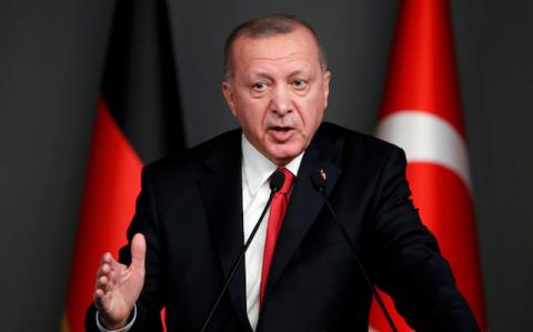 Turkish President Tayyip Erdogan speaks during a joint news conference with German Chancellor Angela Merkel in Istanbul, Turkey, January 24, 2020. PHOTO BY REUTERS/Umit Bektas