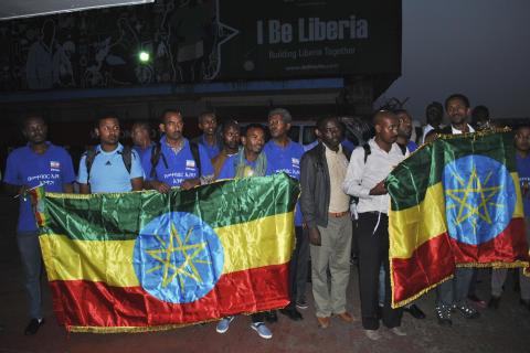 Ethiopian health workers arrive at Roberts airport outside Monrovia, Liberia, December 16, 2014. PHOTO BY REUTERS/James Giahyue