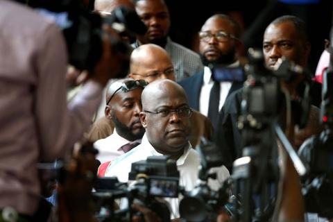 Felix Tshisekedi, leader of the Congolese main opposition party the Union for Democracy and Social Progress(UDPS) and presidential candidate, talks to members of the press as he leaves a meeting regarding the code of good conduct ahead of December 30 elections in Kinshasa, Democratic Republic of Congo, December 29, 2018. PHOTO BY REUTERS/Baz Ratner