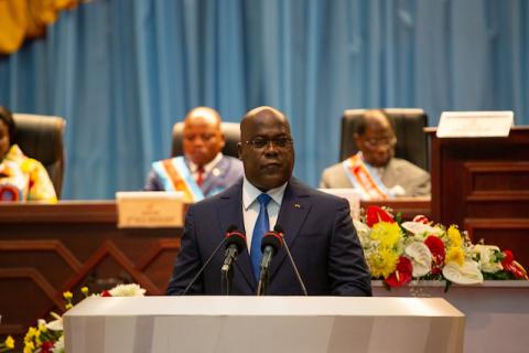 Congolese President Felix Tshisekedi speaks from the podium during his first state-of-the-nation address to parliament in Kinshasa, Democratic Republic of Congo, December 13, 2019. PHOTO BY REUTERS/Hereward Holland