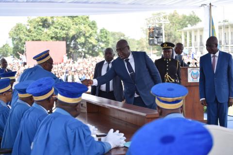 Felix Tshisekedi shakes hands with members of the constitutional court during the inauguration ceremony whereby Tshisekedi was sworn into office as the new president of the Democratic Republic of Congo at the Palais de la Nation in Kinshasa, Democratic Republic of Congo, January 24, 2019. PHOTO BY REUTERS/Olivia Acland