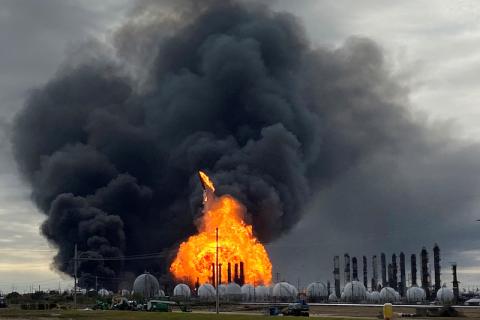 A process tower flies through air after exploding at the TPC Group Petrochemical Plant, after an earlier massive explosion sparked a blaze Eat the plant in Port Niches, Texas, U.S., November 27, 2019. PHOYO BY REUTERS/Erwin Seba