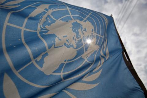 A United Nations flag is seen in Pyla in the Larnaca District of Cyprus