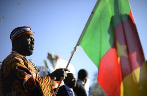 A man holds the national flag of Cameroon in Pretoria, June 28, 2013. PHOTO BY REUTERS/Dylan Martinez