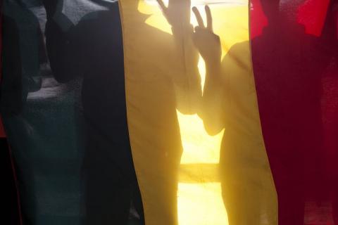 Malians gesture behind the national flag in Bamako. PHOTO BY REUTERS/Joe Penney