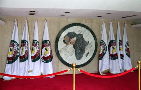 Economic Community Of West African States flags are pictured during a Nigeria, Benin and Niger foreign ministers meeting on Nigeria's border closure in Abuja, Nigeria, November 14, 2019. PHOTO BY REUTERS/Afolabi Sotunde