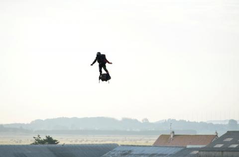 French inventor Franky Zapata takes off on a Flyboard for a second attempt to cross the English channel from Sangatte to Dover, in Sangatte, France, August 4, 2019. PHOTO BY REUTERS/Johanna Geron