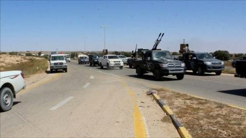 Forces aligned with Libya's new unity government are on the road as they advance on the eastern and southern outskirts of the Islamic State stronghold of Sirte, in this still image taken from video on June 9, 2016. PHOTO BY REUTERS TV