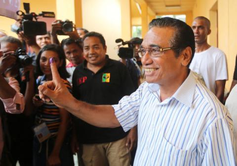 East Timor presidential candidate Francisco Guterres of the FRETILIN party shows his ink marked finger after he casts his ballot during the presidential election in Dili, East Timor, March 20, 2017. PHOTO BY REUTERS/Lirio da Fonseca