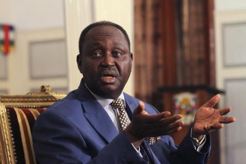 Former Central African Republic president Francois Bozize speaks during a news conference at the presidential palace in Bangui