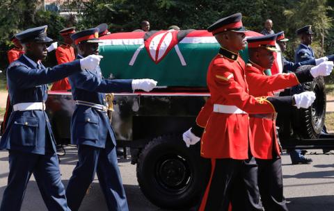 Military officers escort a gun carriage carrying the coffin of late former Kenya's President Daniel Arap Moi, draped in the national flag, during a state funeral procession to the Nyayo Stadium, the venue of the national memorial service in Nairobi, Kenya, February 11, 2020. PHOTO BY REUTERS/Thomas Mukoya