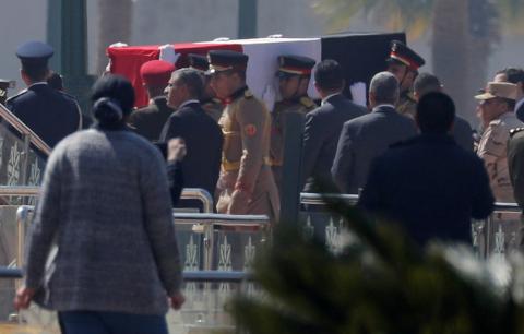 Guards carry the coffin of former Egyptian President Hosni Mubarak at Field Marshal Mohammed Hussein Tantawi Mosque, during his funeral east of Cairo, Egypt, February 26, 2020. PHOTO BY REUTERS/Amr Abdallah Dalsh